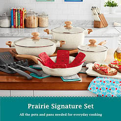 The Pioneer Woman Prairie Signature 14-Piece Cast Aluminum Cookware Set, Linen Speckle