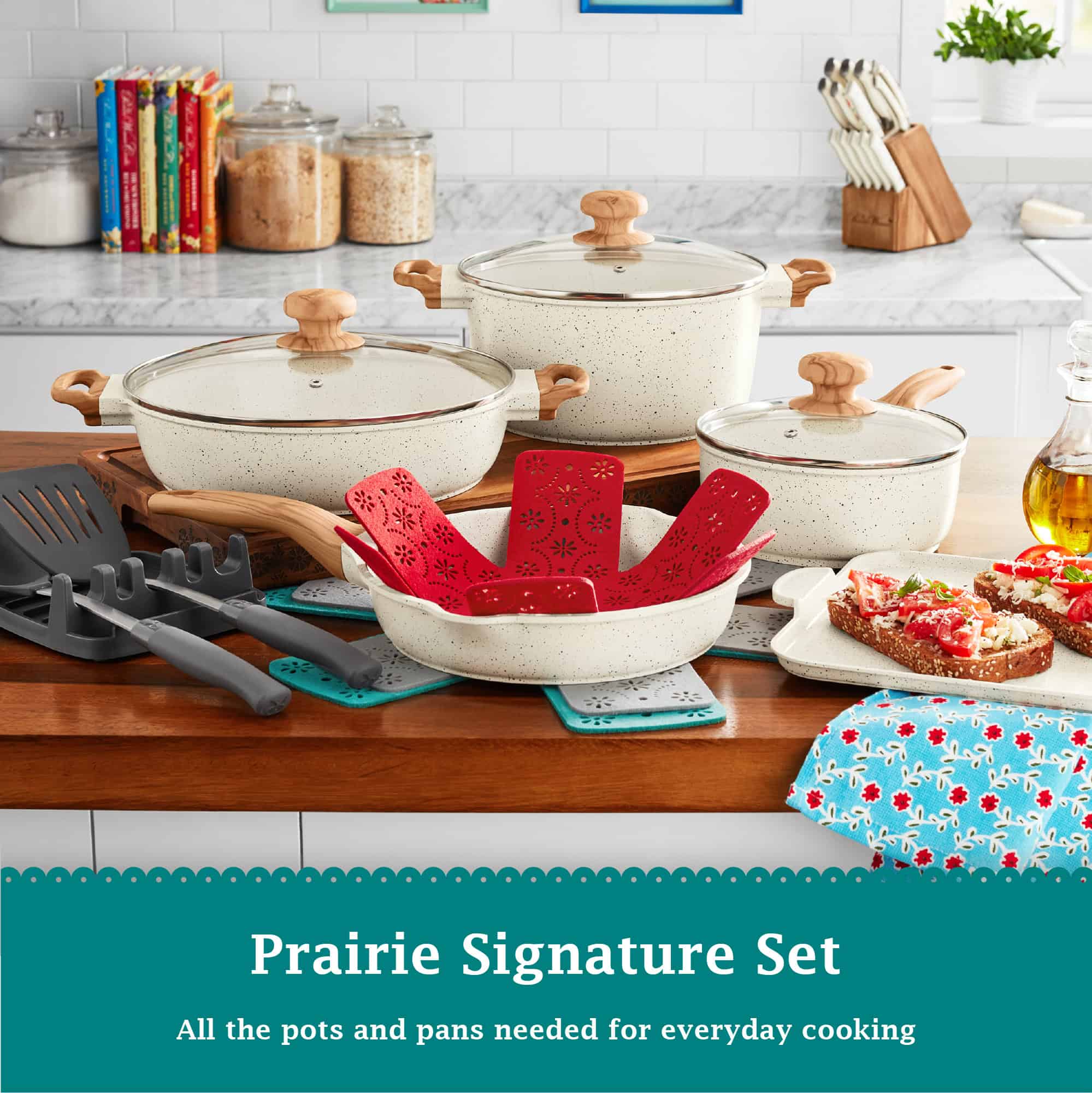 The Pioneer Woman Prairie Signature 14-Piece Cast Aluminum Cookware Set, Linen Speckle