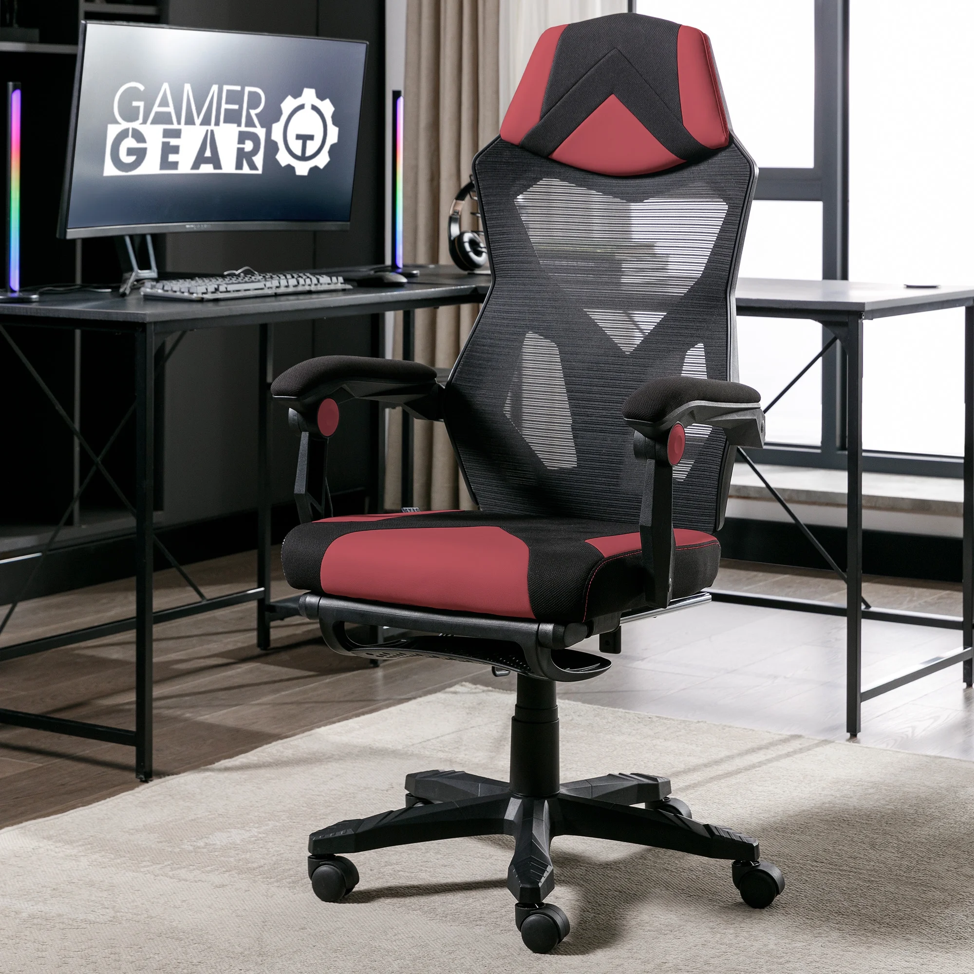 Gamer Gear Gaming Office Chair with Extendable Leg Rest, Red/Black Fabric Upholstery