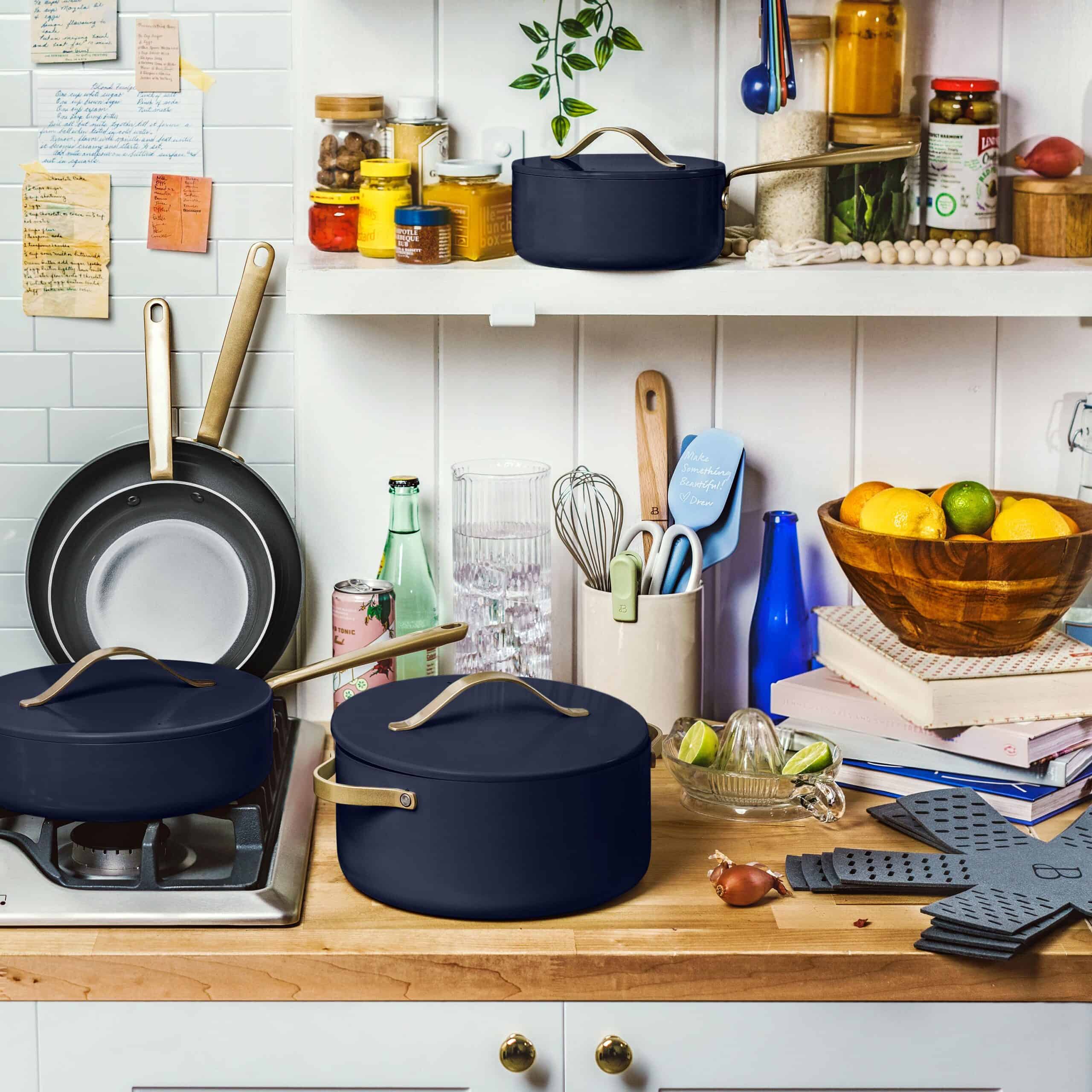 Beautiful 12pc Ceramic Non-Stick Cookware Set, Starry Night by Drew Barrymore, Blue
