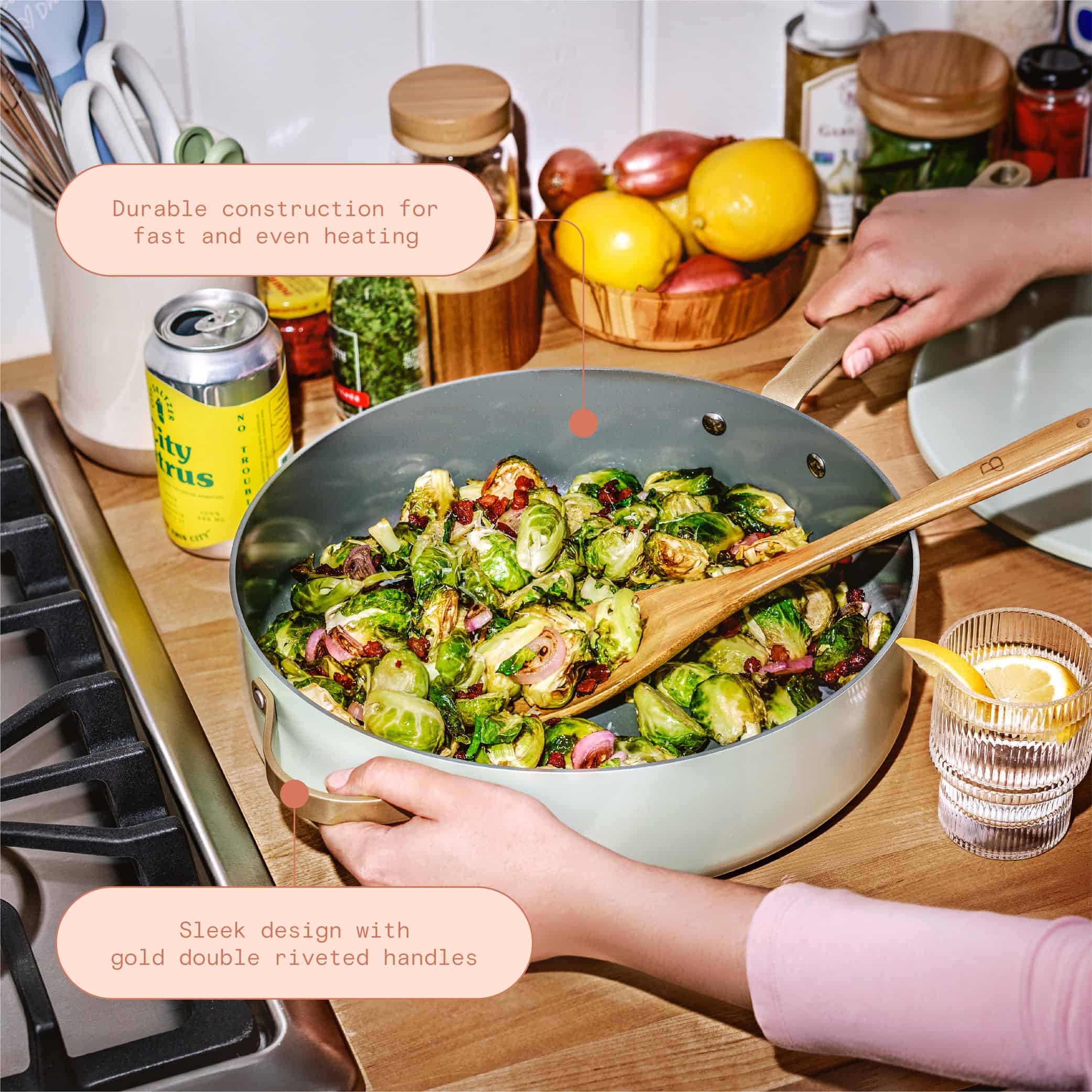 Beautiful 5.5 Quart Ceramic Non-Stick Sauté Pan, Sage Green by Drew Barrymore