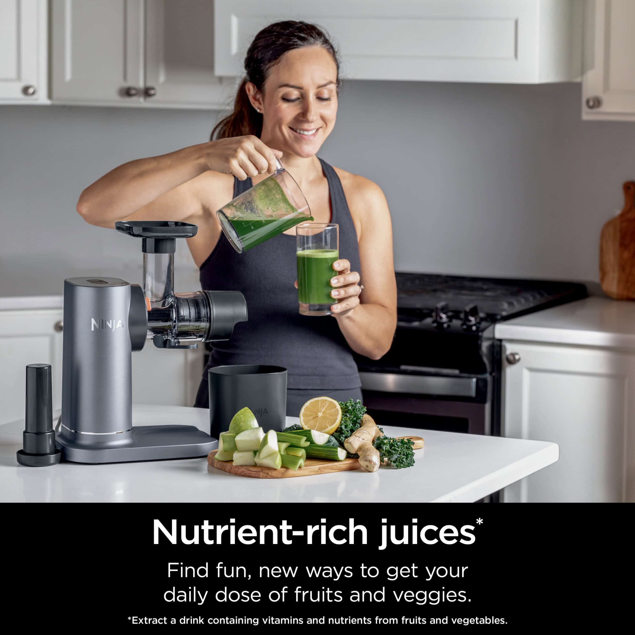 Ninja NeverClog 150 Watts Cold Press Juicer with 18oz Jug, 30oz Pulp Container, 2-Speed, Compact, Red