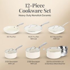 Gotham Steel Nonstick Pots and Pans Set 12 Piece Ceramic Cookware Kitchen Set with Frying Skillet, Saucepan, Cream