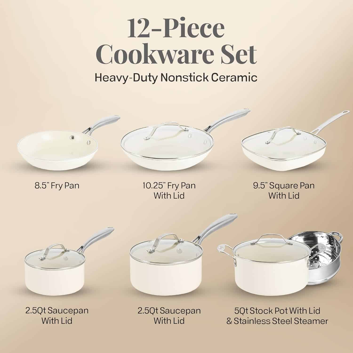 Gotham Steel Nonstick Pots and Pans Set 12 Piece Ceramic Cookware Kitchen Set with Frying Skillet, Saucepan, Cream