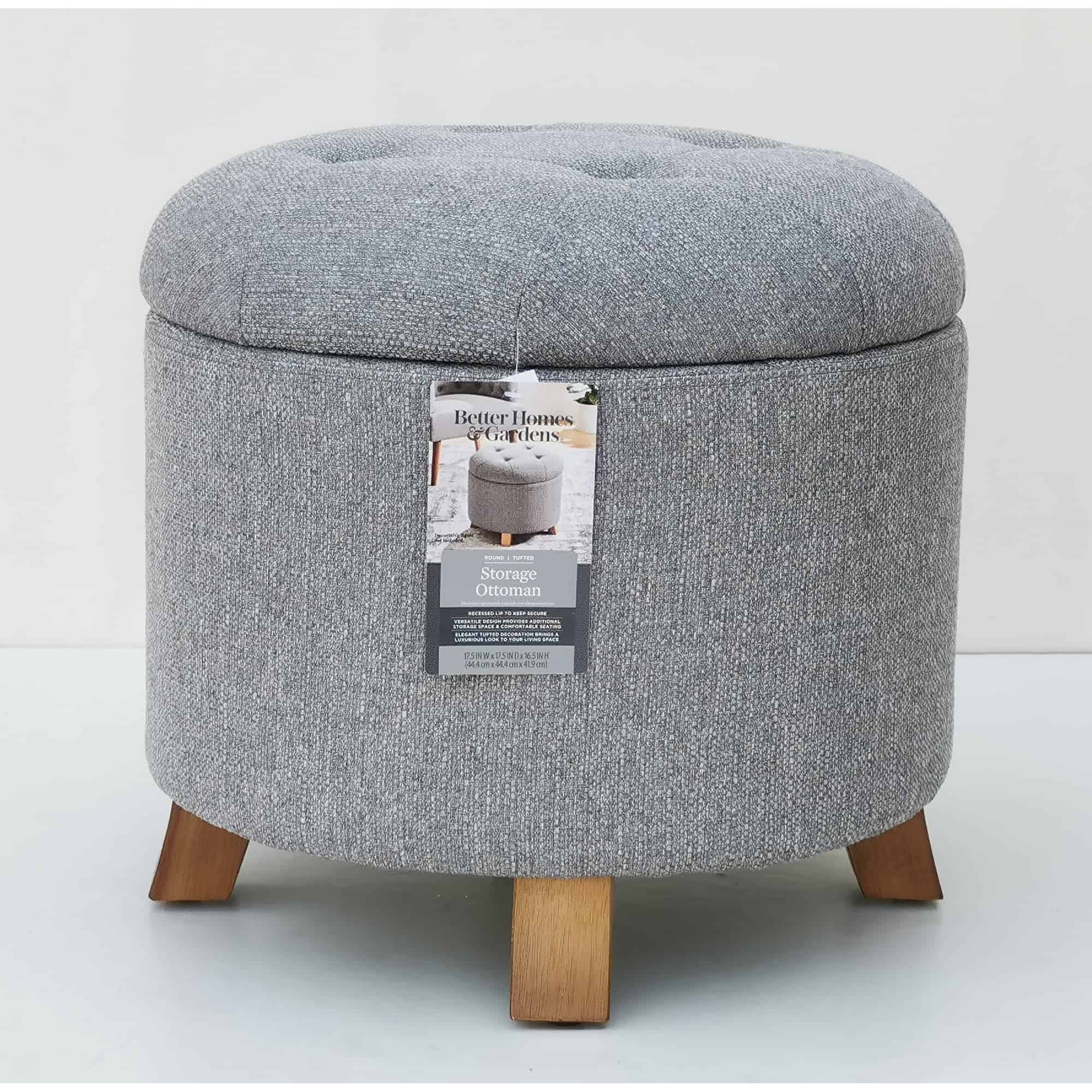 Better Homes & Gardens Round Tufted Storage Ottoman, Gray Faux Linen