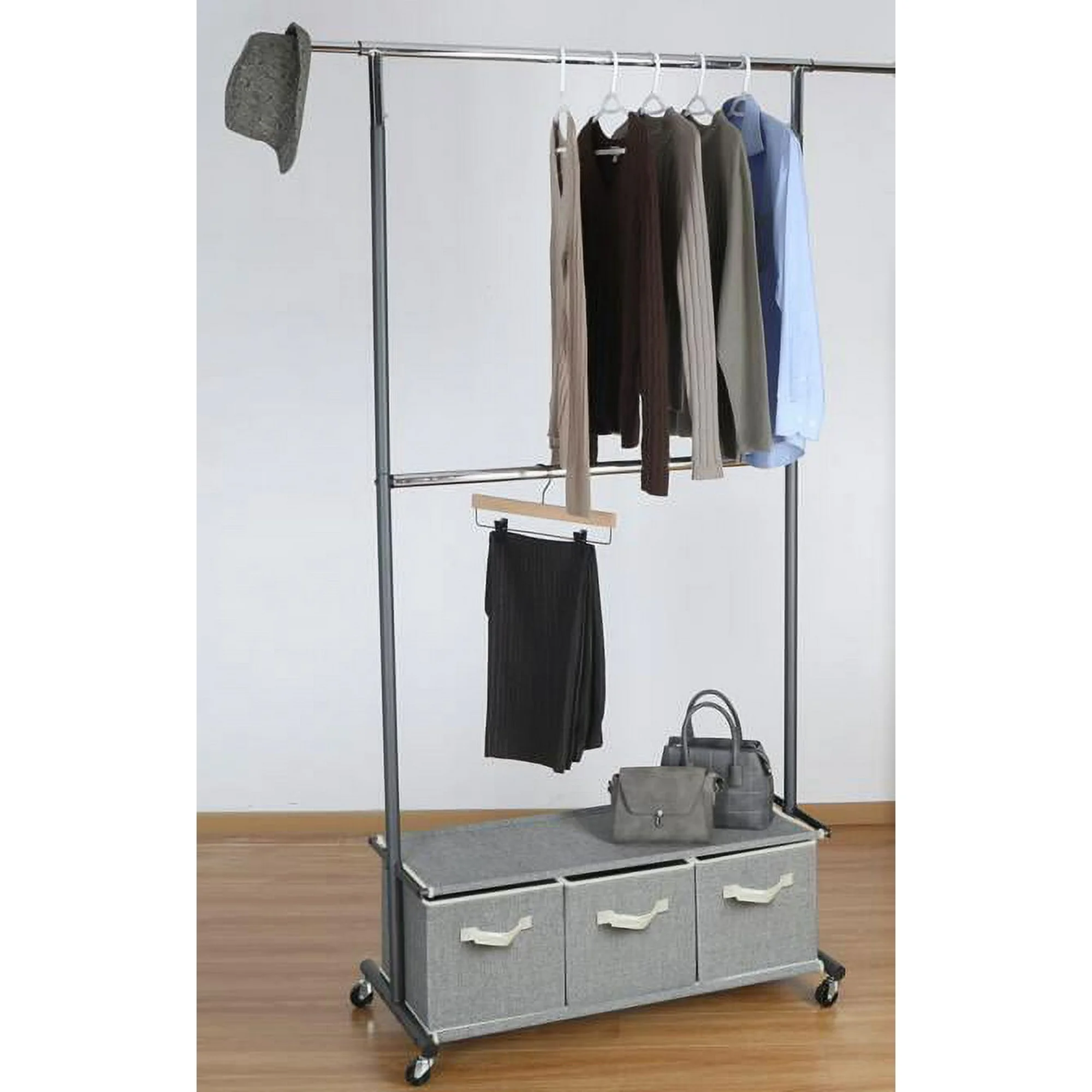 Better Homes & Gardens 2 Tier Garment Rack with 3 Drawer Closet Organizer, Gray