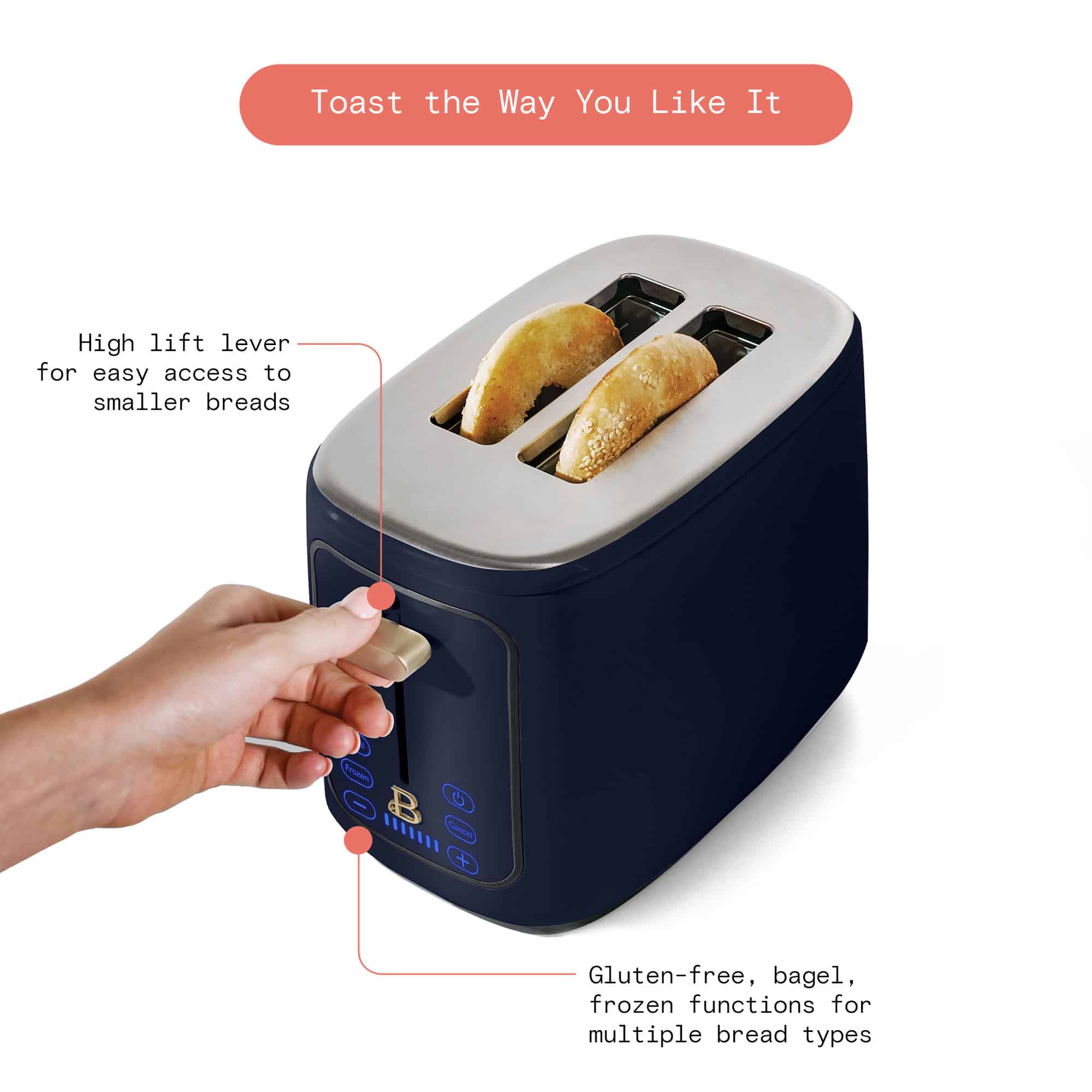 Beautiful 2 Slice Toaster with Touch-Activated Display, Starry Night by Drew Barrymore, Blue