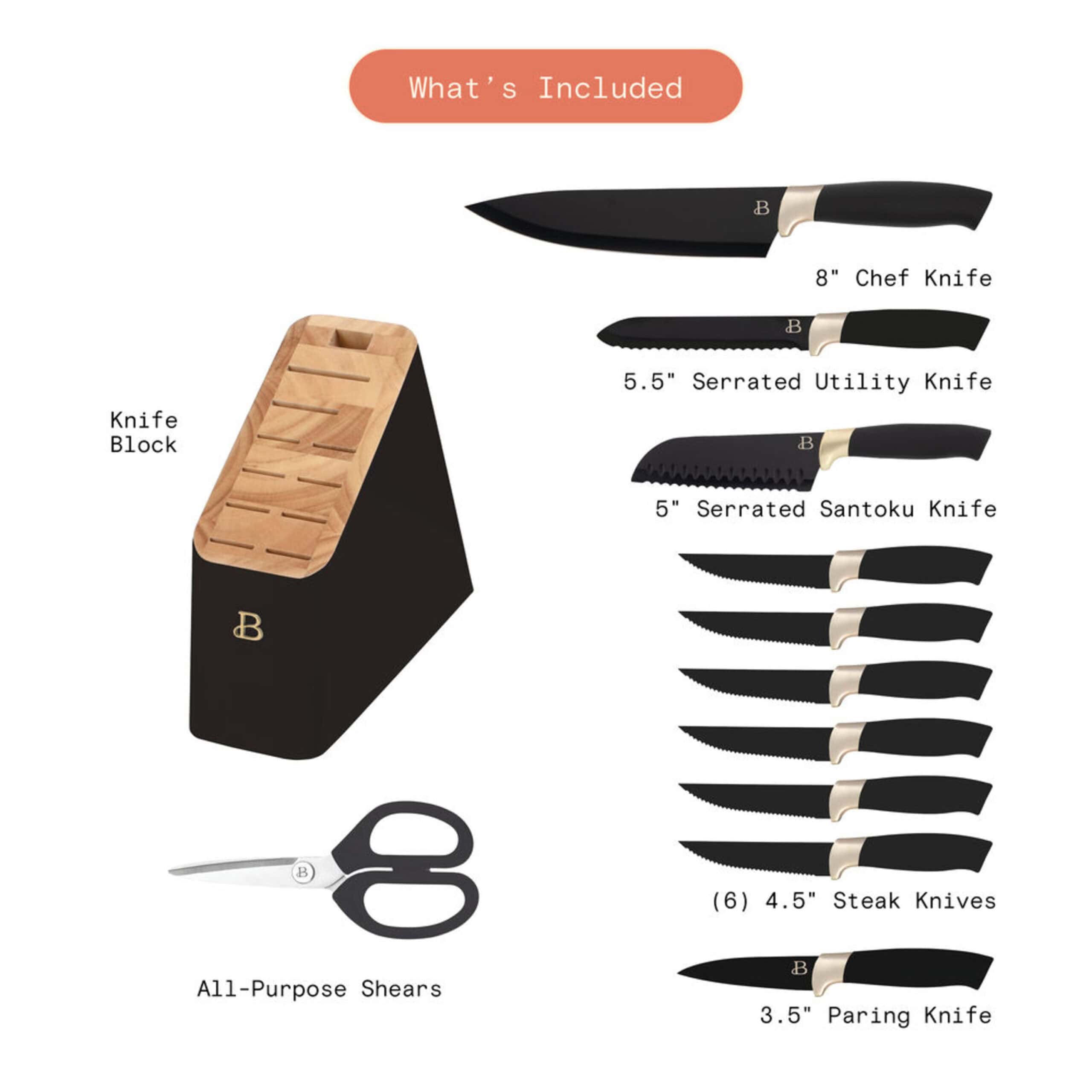 Beautiful 12 Piece Stainless Steel Knife Set Block Soft Grip Handles Black Sesame by Drew Barrymore