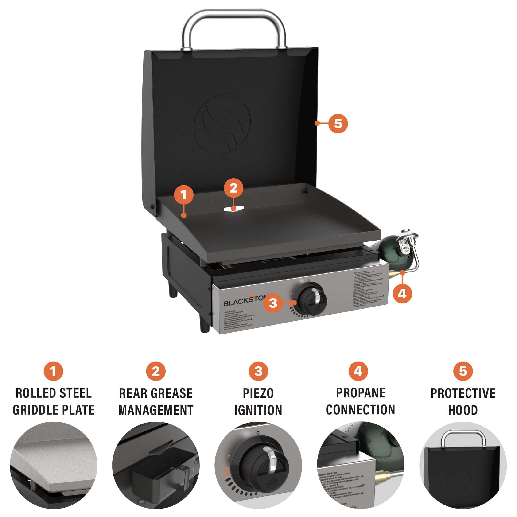 Blackstone 1814 Stainless Steel Propane Gas Portable, Flat Top Griddle Frill Station – Heavy Duty & 12, 000 BTUs, 17 Inch, Black