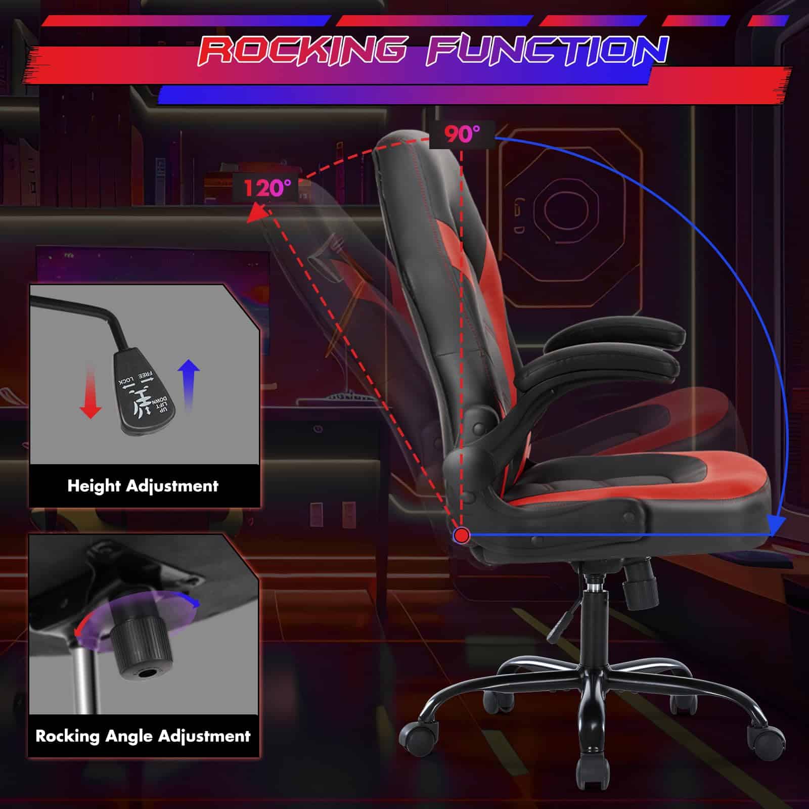 Sweetcrispy Computer Gaming Desk Chair - Ergonomic Office Executive Adjustable Swivel Task PU Leather Racing Chair, Black Red