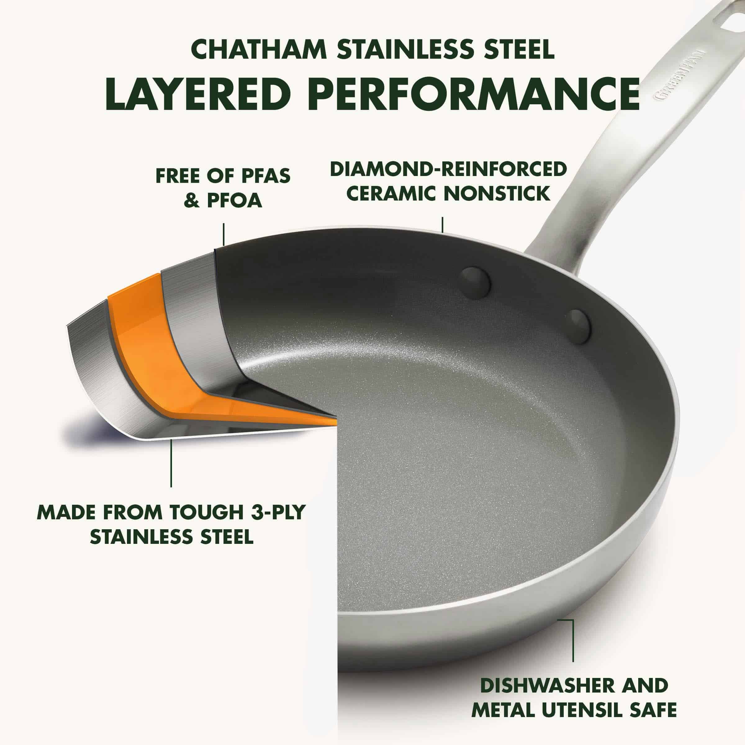 GreenPan Chatham Tri-Ply Stainless Steel Healthy Ceramic Nonstick 12 Piece Cookware Pots and Pans Set, Silver