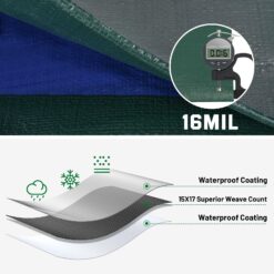 Kesfitt Tarp Heavy Duty Waterproof 12x16FT,16 Mil Thick Tarps Tear&Fade Resistant, UV Resistant, Poly Tarp Cover (Green/Blue)