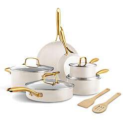 GreenPan Swift 12 Piece Cookware Pot and Pans Set, PFAS & PFOA-Free Healthy Ceramic Nonstick, Gold Stainless Steel Handle, Cream