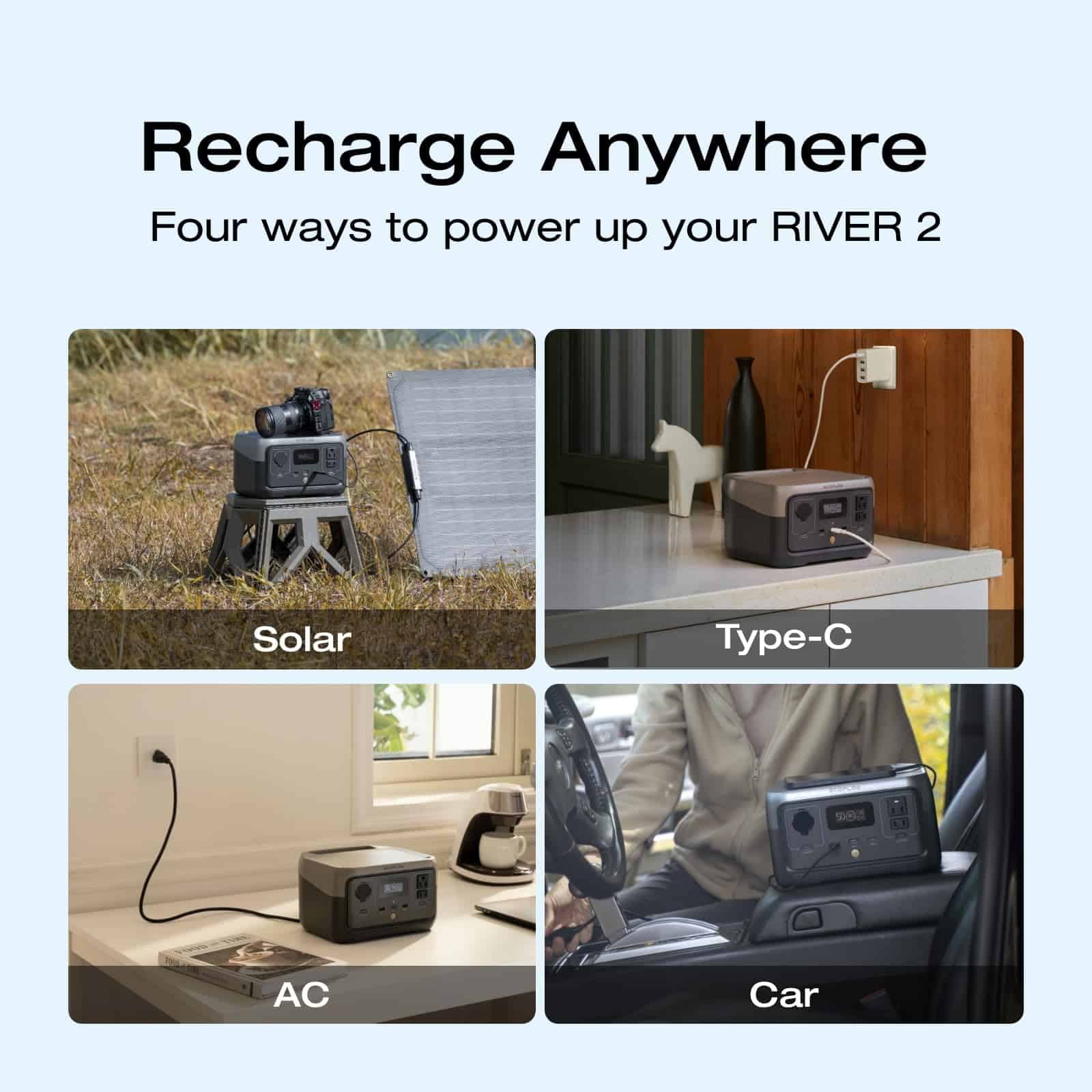 EF ECOFLOW Portable Power Station RIVER 2, 256Wh LiFePO4 Battery/ 1 Hour Fast Charging, 2 Up to 600W AC Outlets