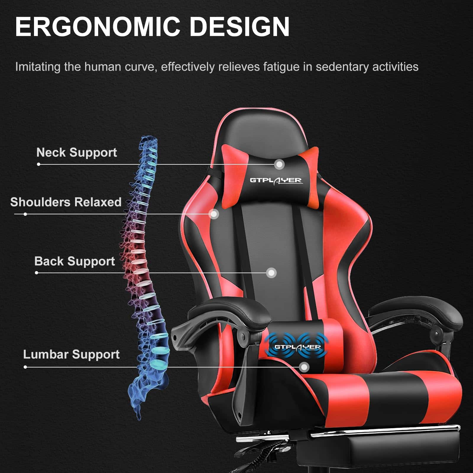 GTPLAYER Gaming Chair, Computer Chair with Footrest and Lumbar Support, Height Adjustable Game Chair with 360°, Red