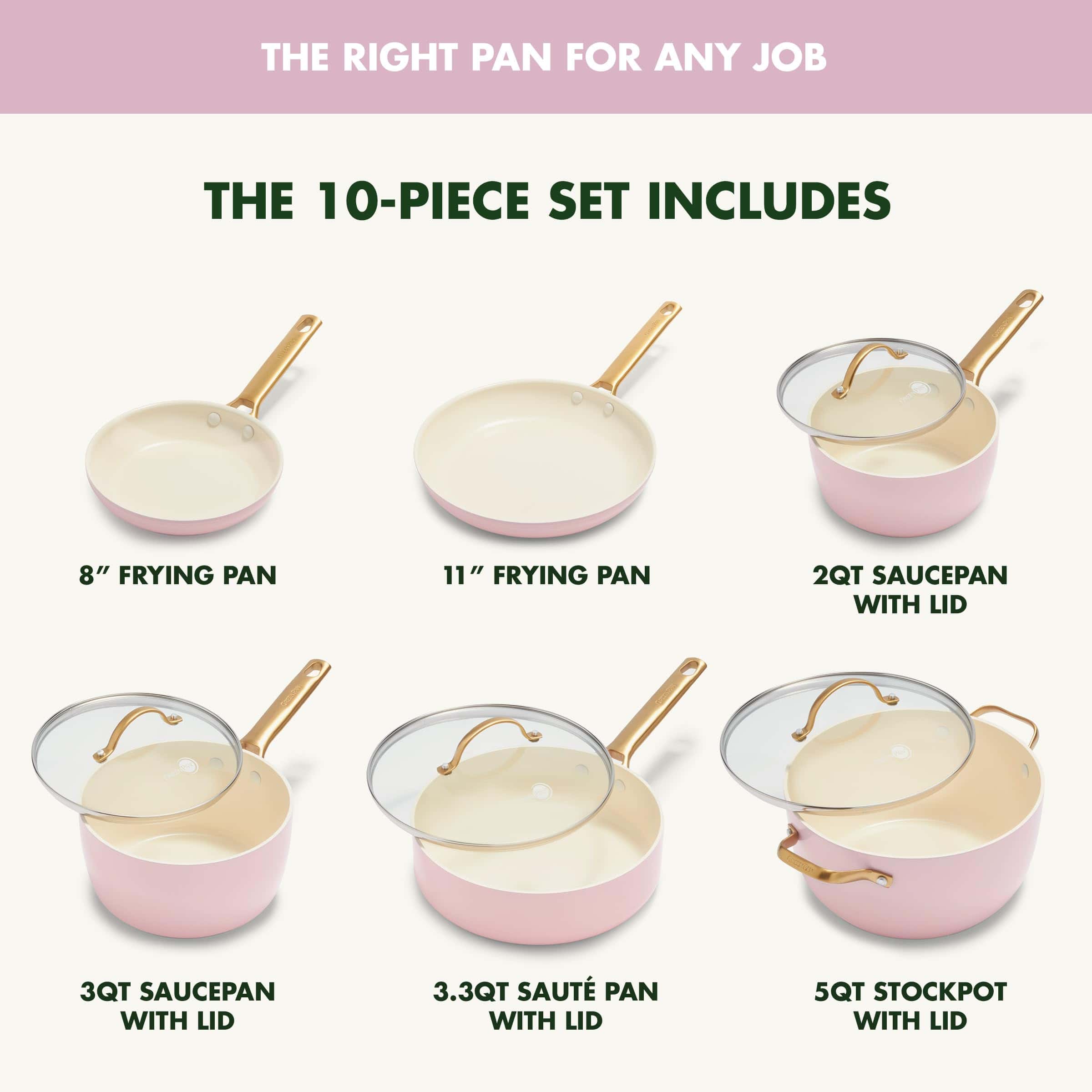 GreenPan Reserve Hard Anodized Healthy Ceramic Nonstick 10 Piece Cookware Pots and Pans Set, Gold Handle, Blush Pink