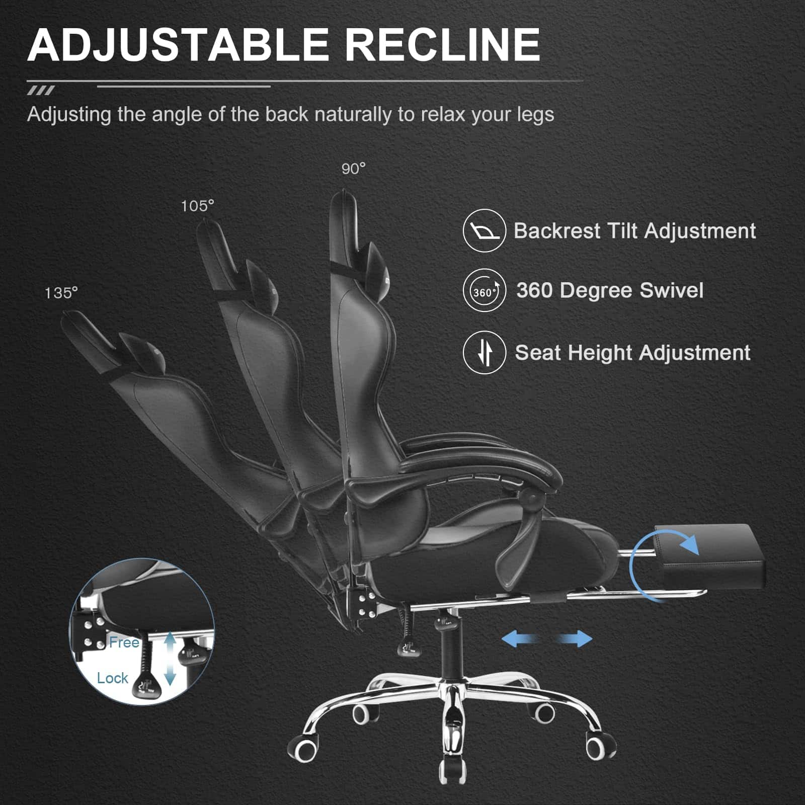 GTPLAYER Gaming Chair, Computer Chair with Footrest and Lumbar Support, Height Adjustable Game Chair with 360°, Black