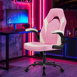 Sweetcrispy Computer Gaming Desk Chair - Pink Ergonomic Office Executive Adjustable Swivel Task PU Leather Racing Chair, White Pink