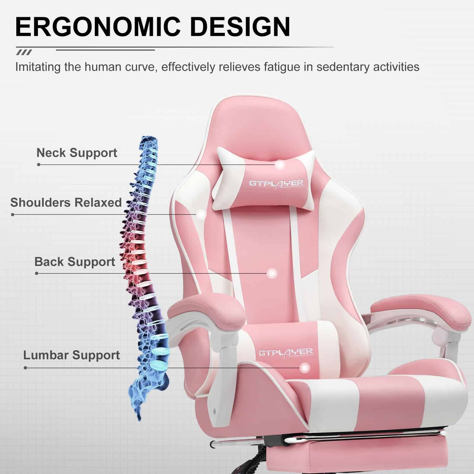 GTPLAYER Gaming Chair, Computer Chair with Footrest and Lumbar Support, Height Adjustable Game Chair with 360°, Pink