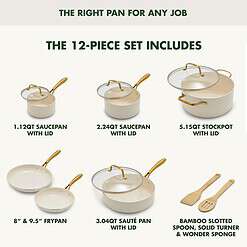 GreenPan Swift 12 Piece Cookware Pot and Pans Set, PFAS & PFOA-Free Healthy Ceramic Nonstick, Gold Stainless Steel Handle, Cream