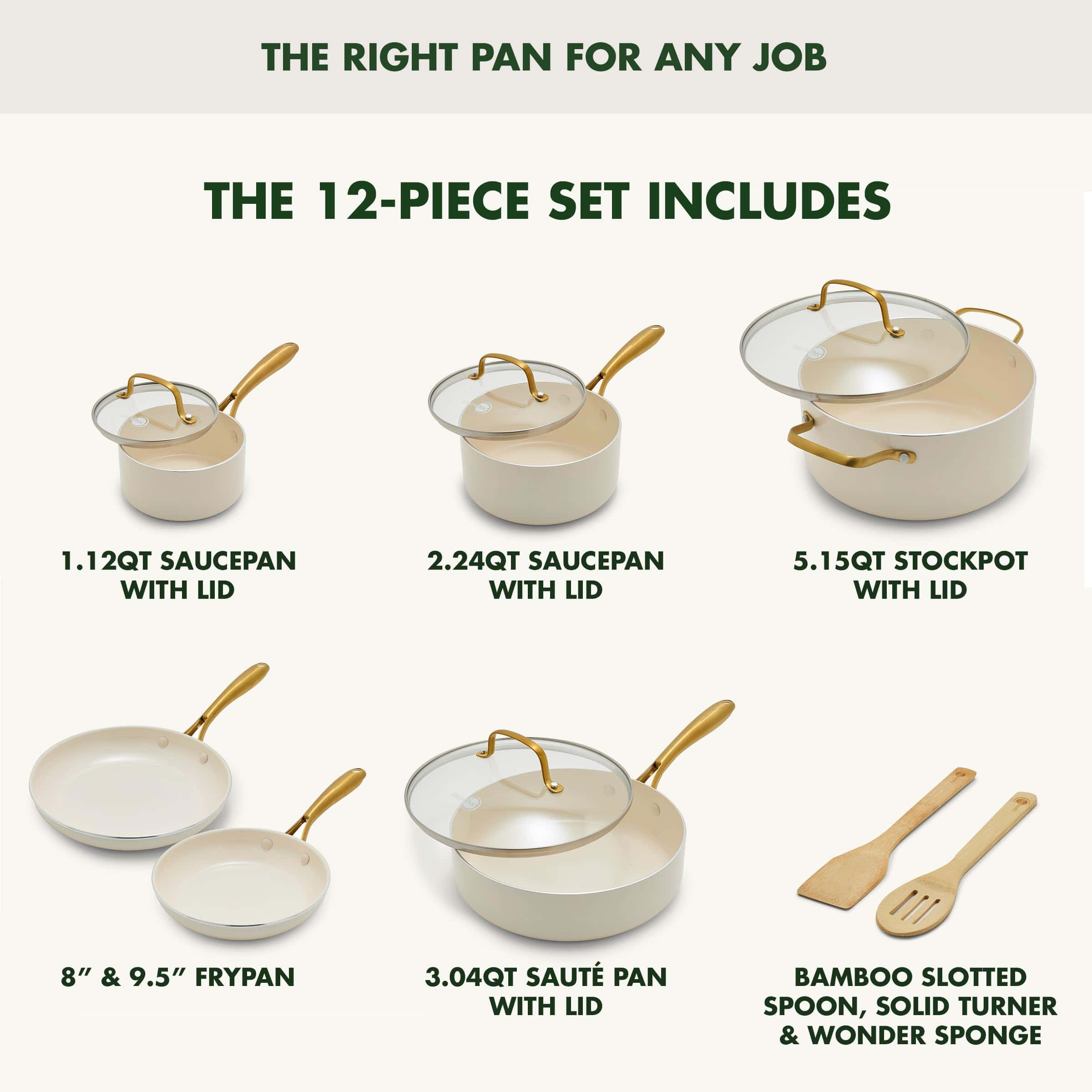 GreenPan Swift 12 Piece Cookware Pot and Pans Set, PFAS & PFOA-Free Healthy Ceramic Nonstick, Gold Stainless Steel Handle, Cream