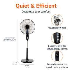 Amazon Basics 16-Inch 3-Speed Pedestal Floor Fan, Standing Fan for Home, Black