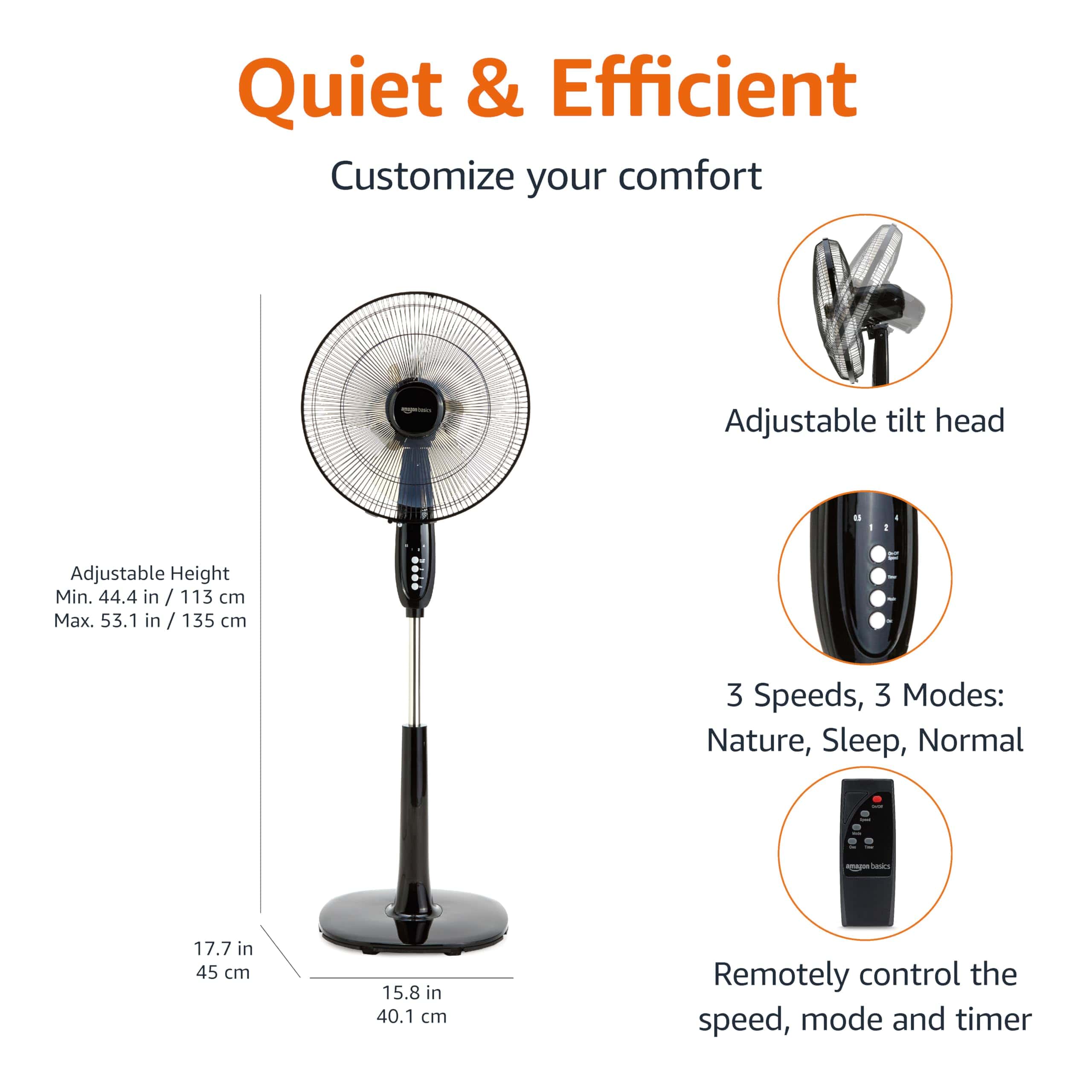 Amazon Basics 16-Inch 3-Speed Pedestal Floor Fan, Standing Fan for Home, Black