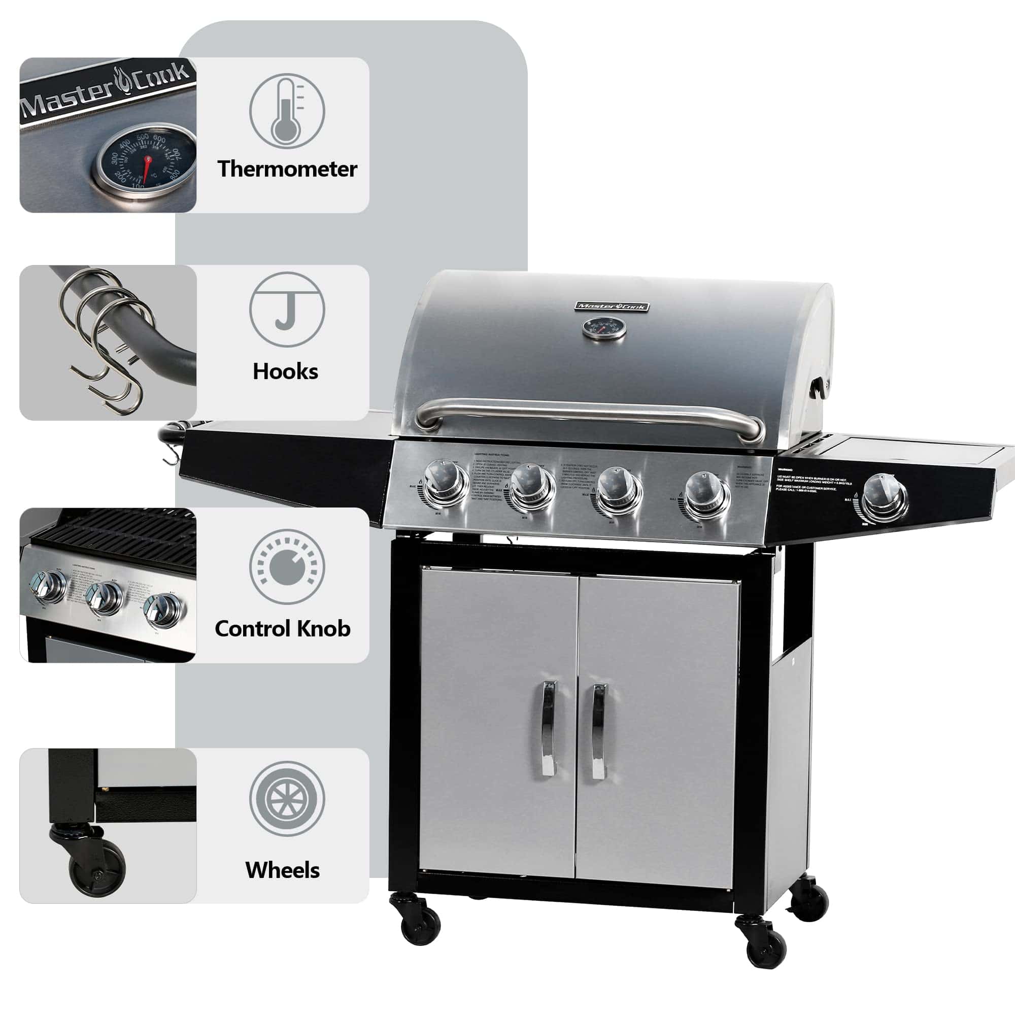 MASTER COOK Outdoor Propane Gas Grill, 4-Burner Gas Grill with Side Burner Liquid Propane Gas Grill BBQ Gas Grill, Silver Black