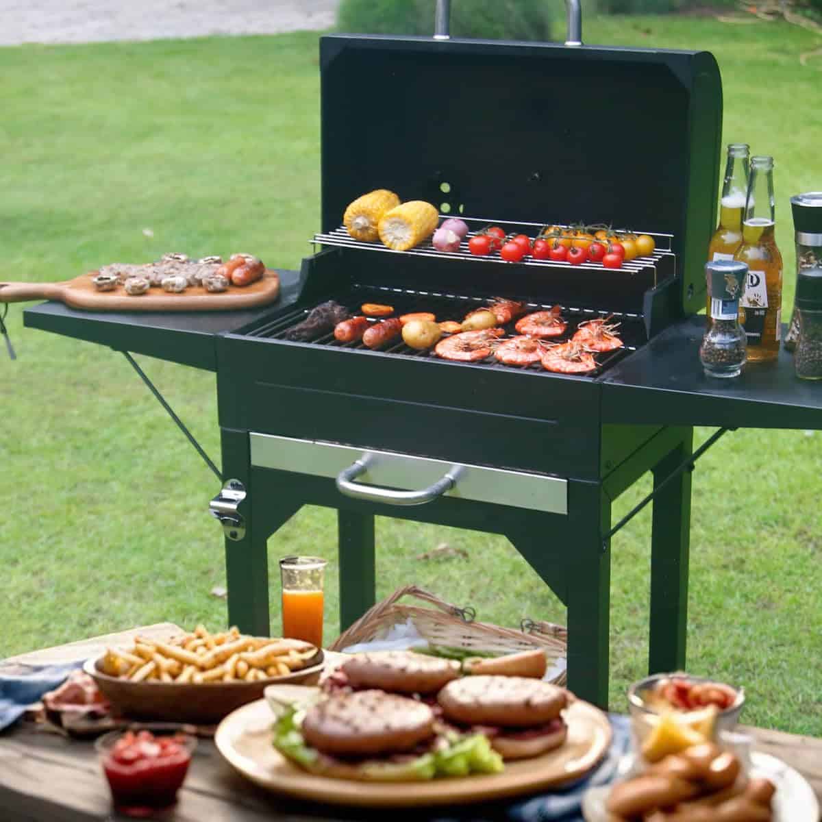 MASTER COOK Charcoal Grill with Two Side Tables, Heavy-duty Steel Barbecue BBQ Grill for Outdoor Picnic Backyard Patio and Parties, Black