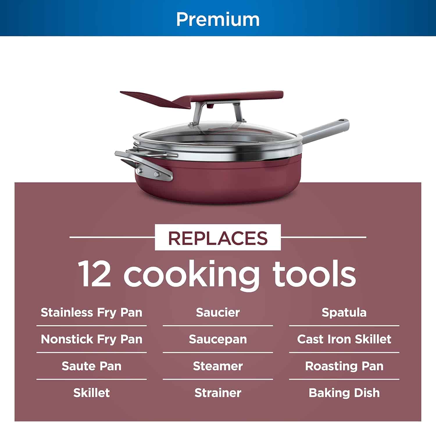 Ninja, Cookware, Steamer, Strainer Basket, Glass Lid and Spatula, Foodi NeverStick PossiblePan, Premium Set, Cherry Tart, CW102RD