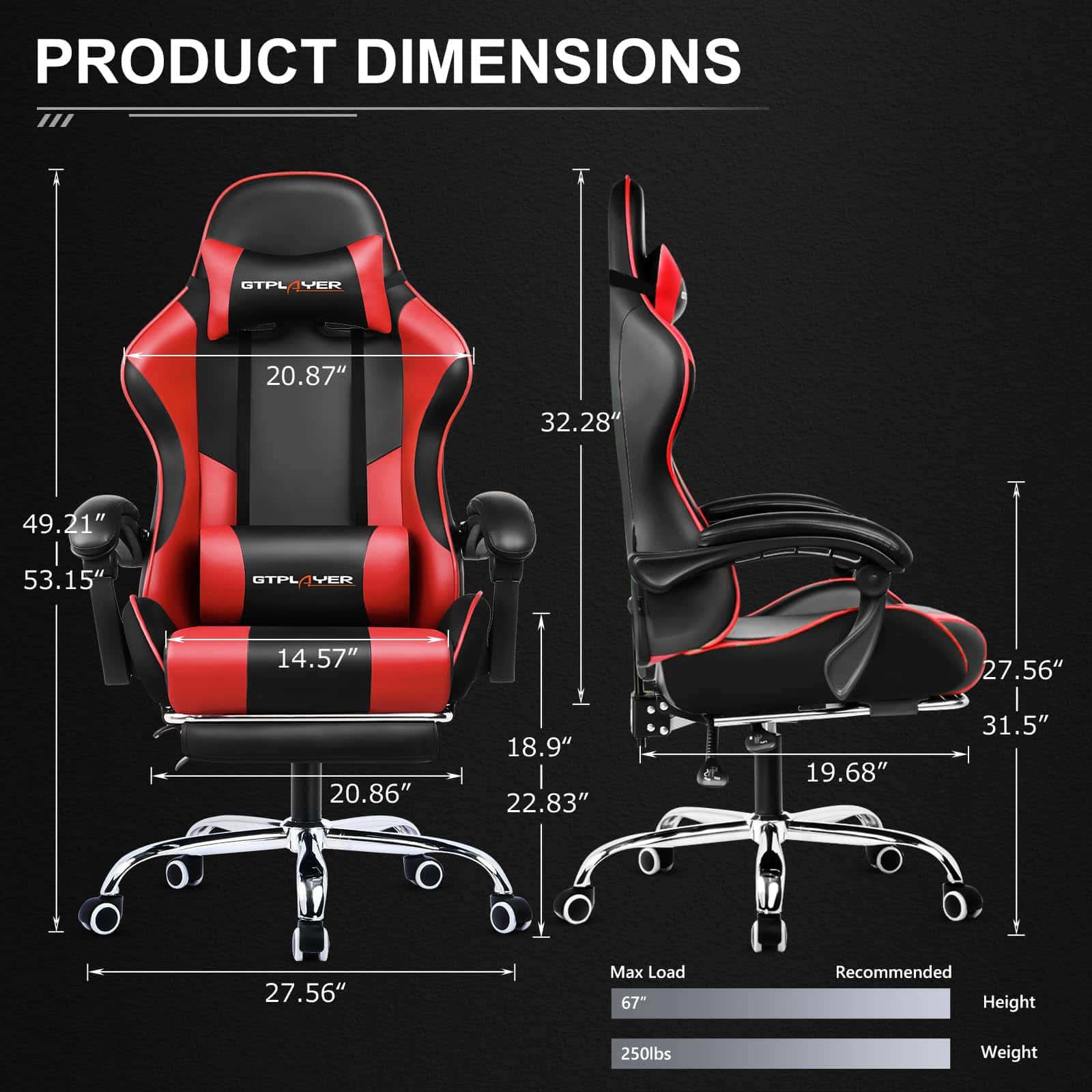 GTPLAYER Gaming Chair, Computer Chair with Footrest and Lumbar Support, Height Adjustable Game Chair with 360°, Red