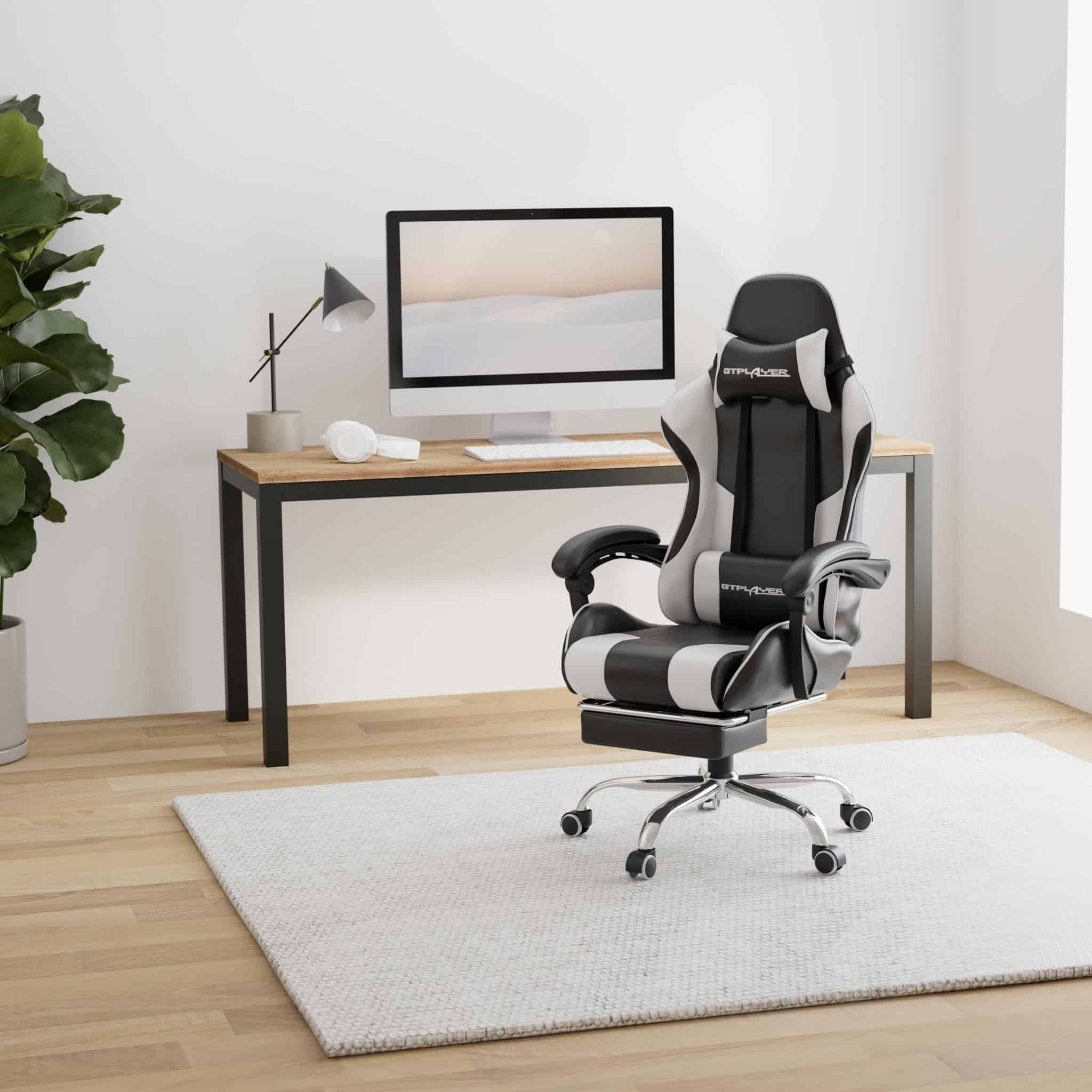 GTPLAYER Gaming Chair, Computer Chair with Footrest and Lumbar Support, Height Adjustable Game Chair with 360°, White