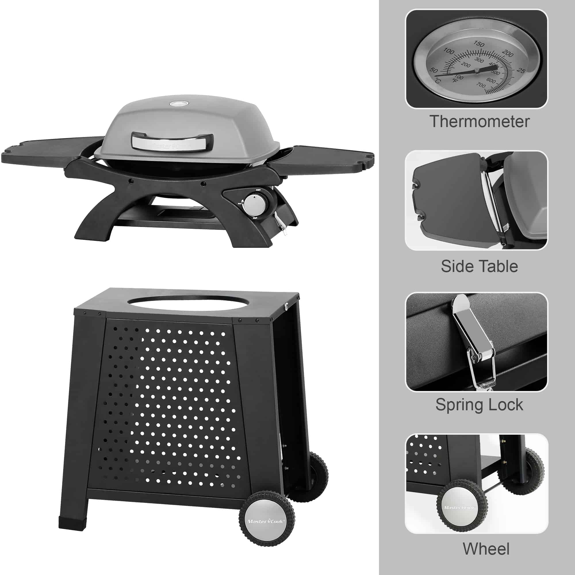 MASTER COOK Gas Grill, BBQ Propane Gas Grill with Side Tables Grill Cart, Portable Tabletop Gas Grill