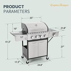 Captiva Designs 4-Burner Propane Gas BBQ Grill with Side Burner & Porcelain-Enameled Cast Iron Grates