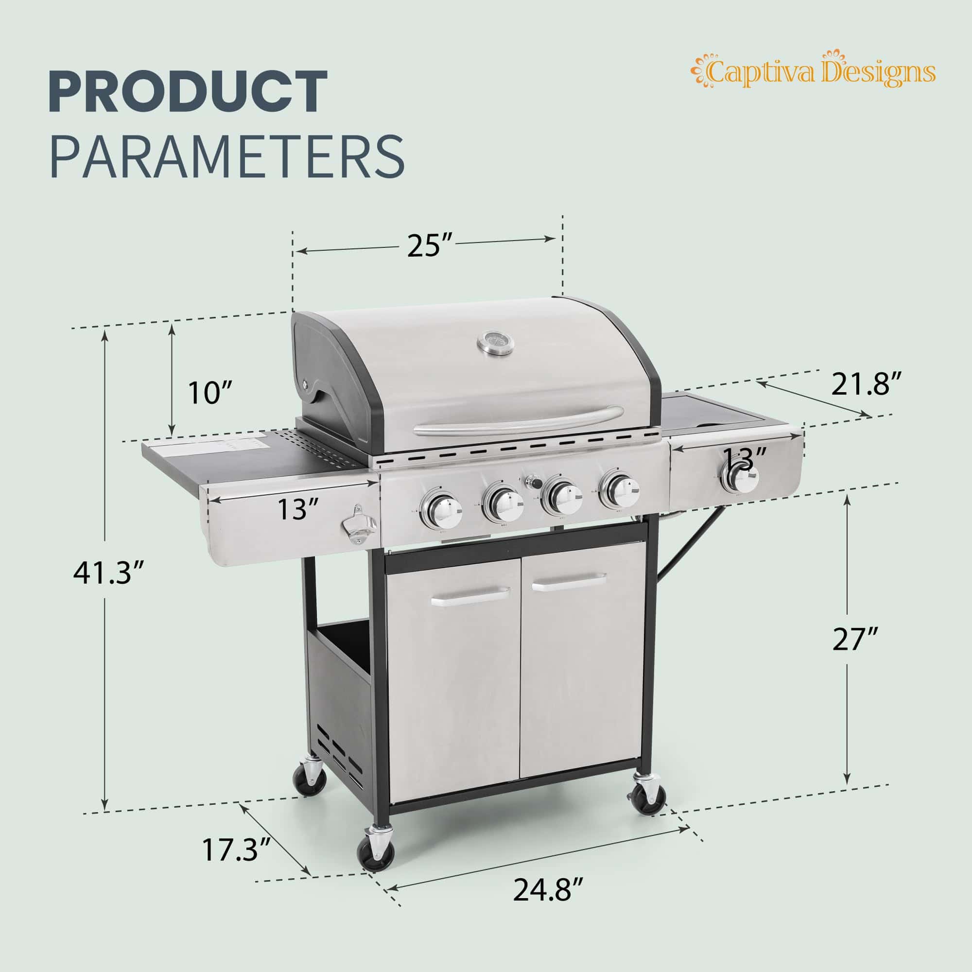 Captiva Designs 4-Burner Propane Gas BBQ Grill with Side Burner & Porcelain-Enameled Cast Iron Grates