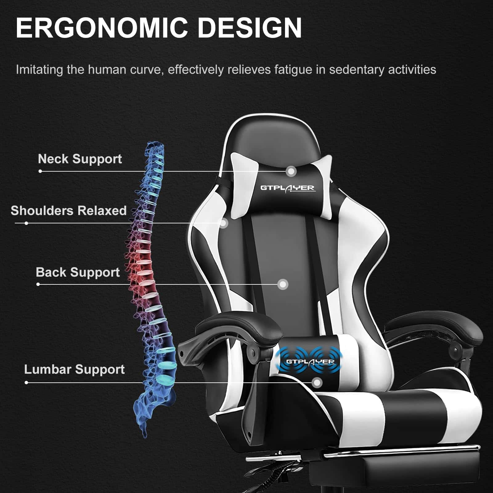 GTPLAYER Gaming Chair, Computer Chair with Footrest and Lumbar Support, Height Adjustable Game Chair with 360°, White