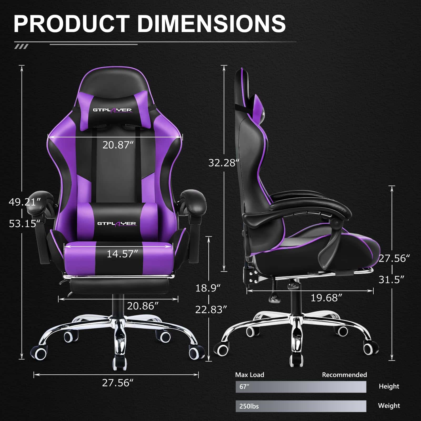 GTPLAYER Gaming Chair, Computer Chair with Footrest and Lumbar Support, Height Adjustable Game Chair with 360°, Purple