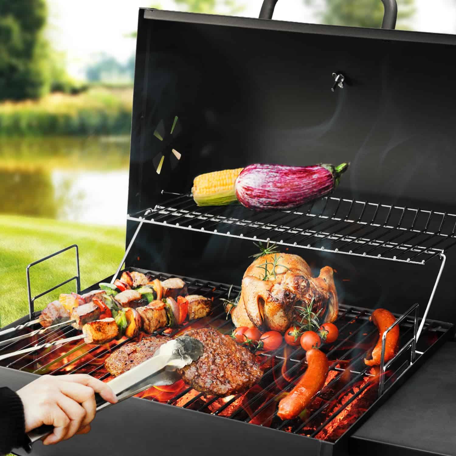 DNKMOR Charcoal Grills Outdoor BBQ Grill, Barrel Charcoal Grill with Side Table, with Nearly 500 Sq.In. Cooking Grid Area, Black