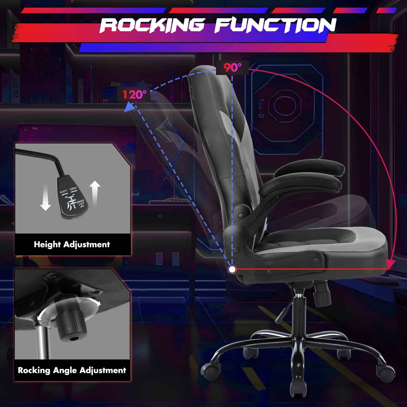 Sweetcrispy Computer Gaming Desk Chair - Ergonomic PU Leather with Comfy Lumbar Support, Grey