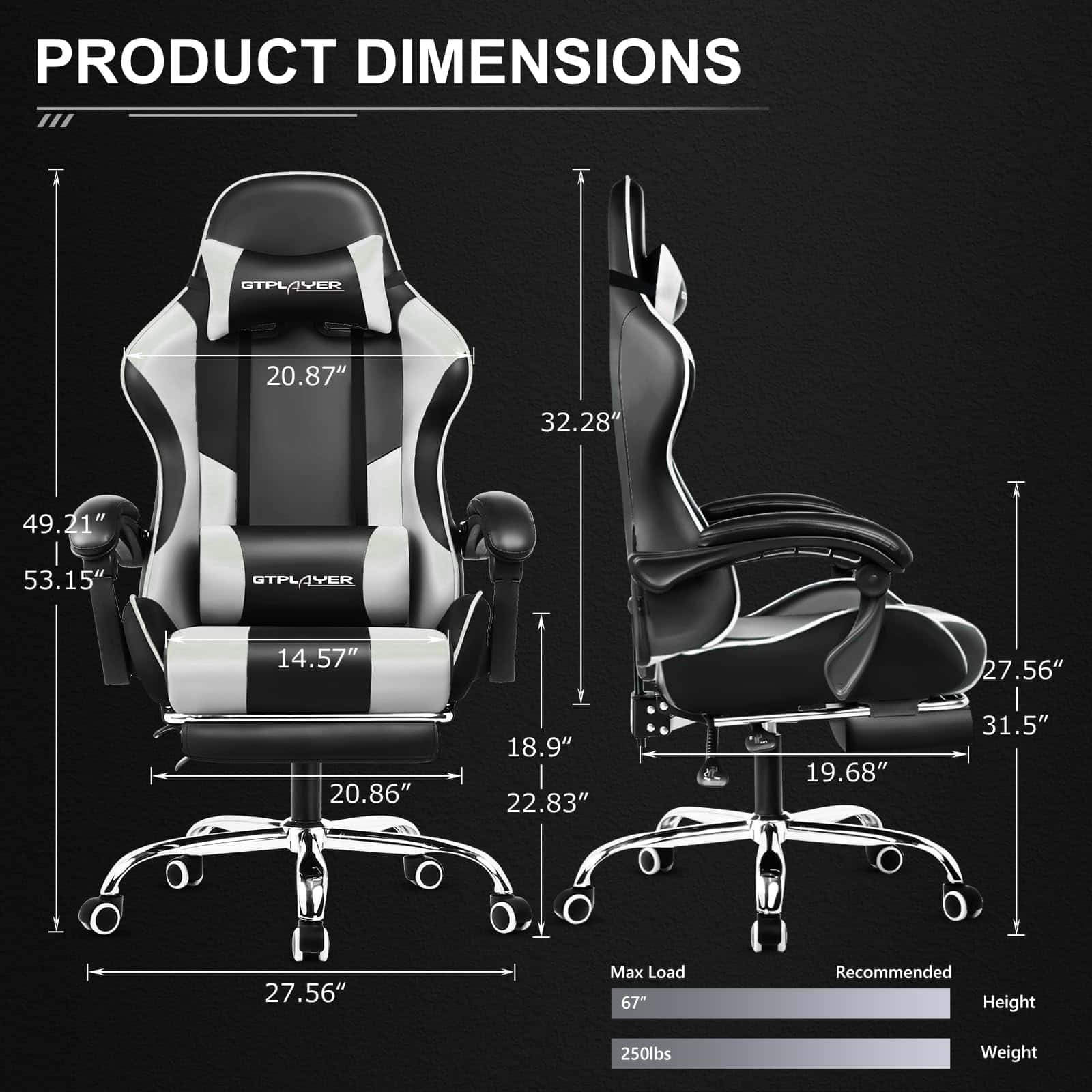 GTPLAYER Gaming Chair, Computer Chair with Footrest and Lumbar Support, Height Adjustable Game Chair with 360°, White