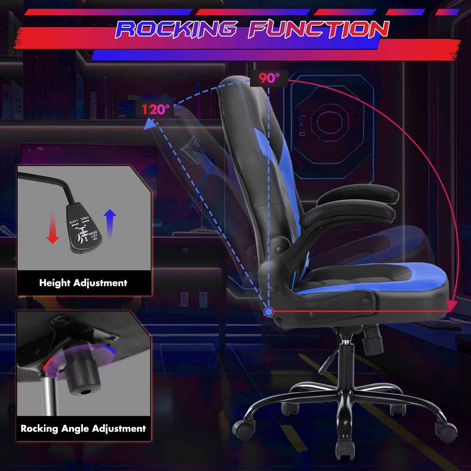 Sweetcrispy Computer Gaming Desk Chair, Ergonomic Office Executive Adjustable Swivel Task PU Leather Racing Chair, Black Blue