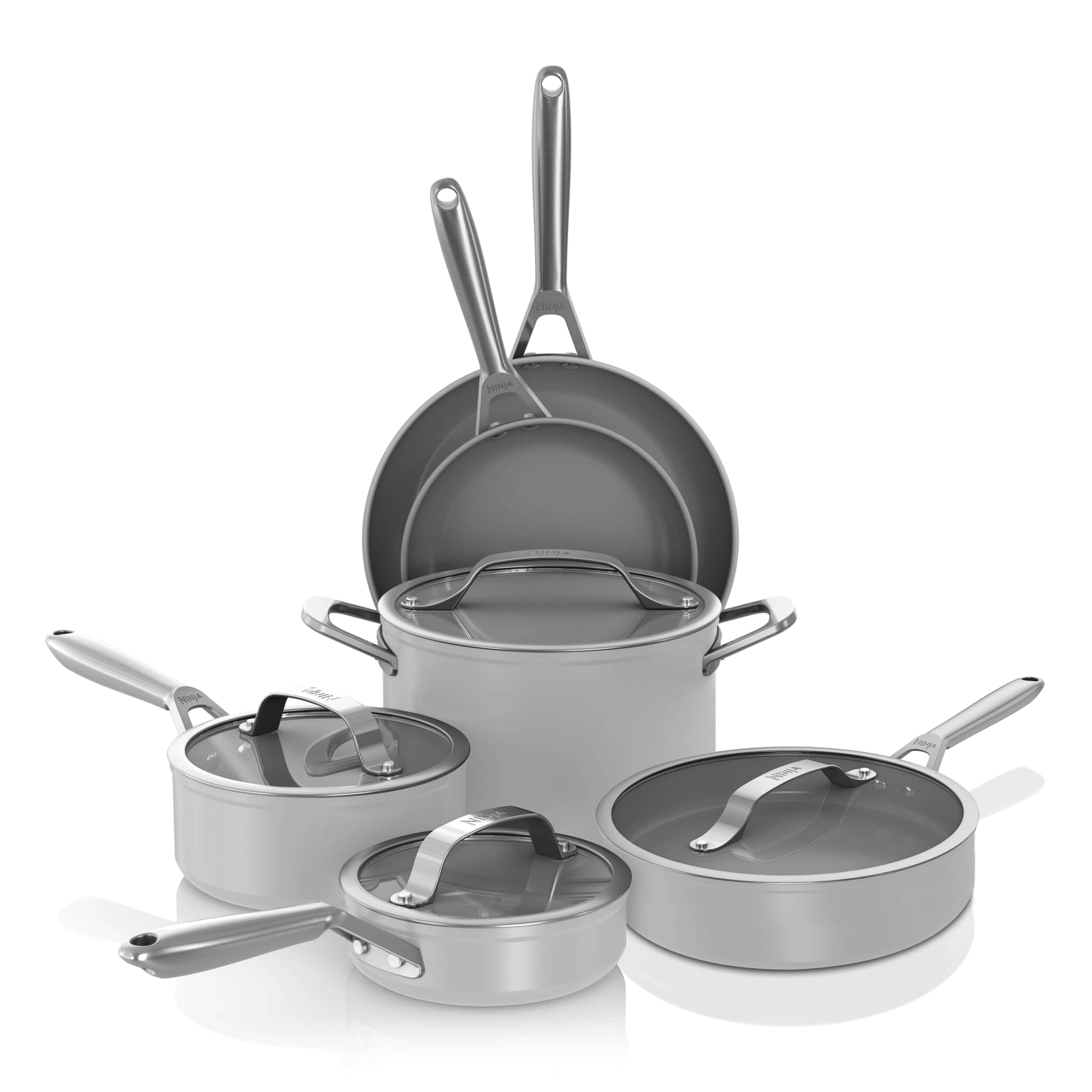 Ninja CW39010GY NeverStick Ceramic Pro, Non-Stick Pots & Pans Set with Glass Lids, PTFE Free, Ceramic Coated, Stainless Steel, Gray