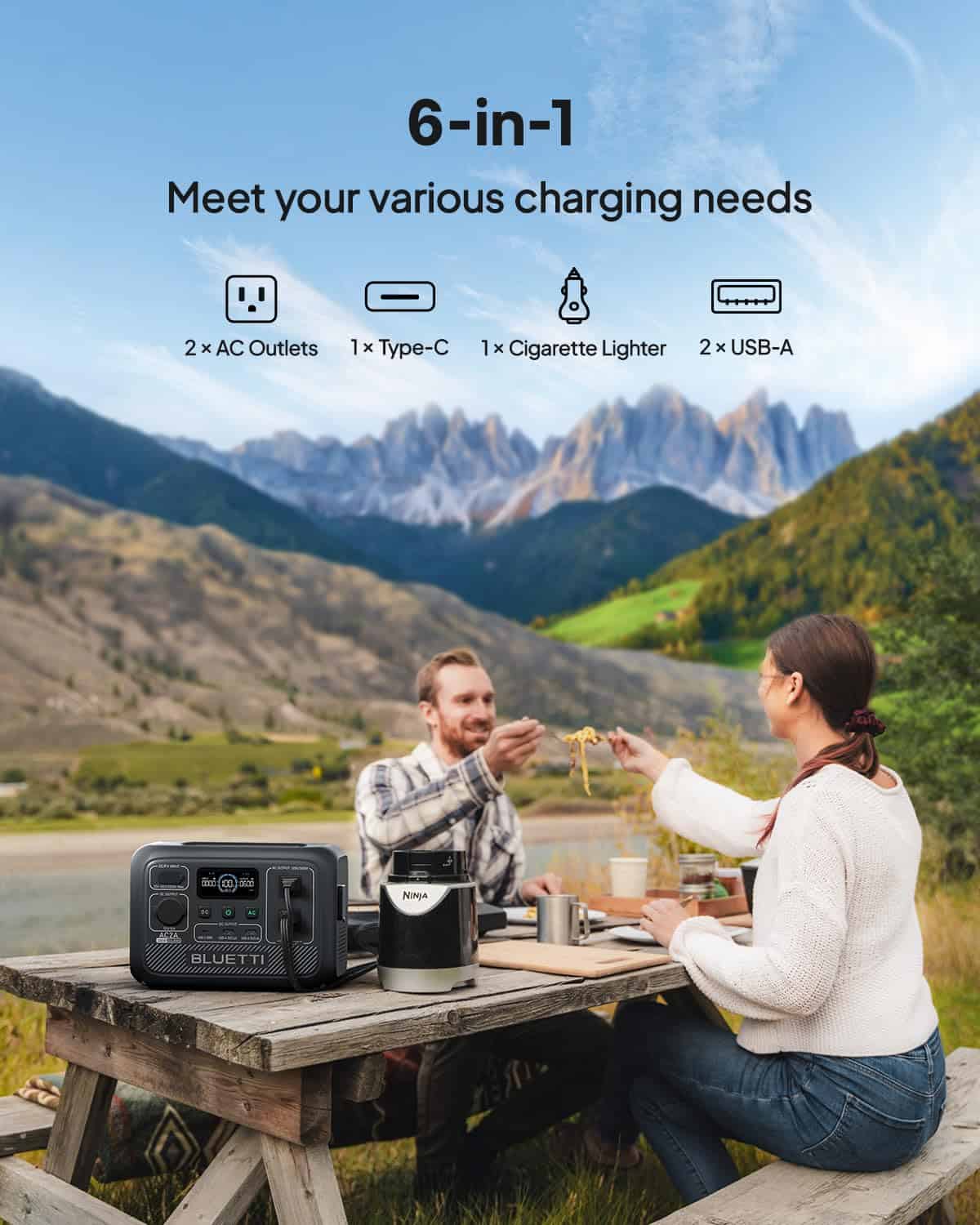 BLUETTI Portable Power Station AC2A, 204Wh LiFePO4 Battery Backup w/ 2 300W (600W Power Lifting) AC Outlets