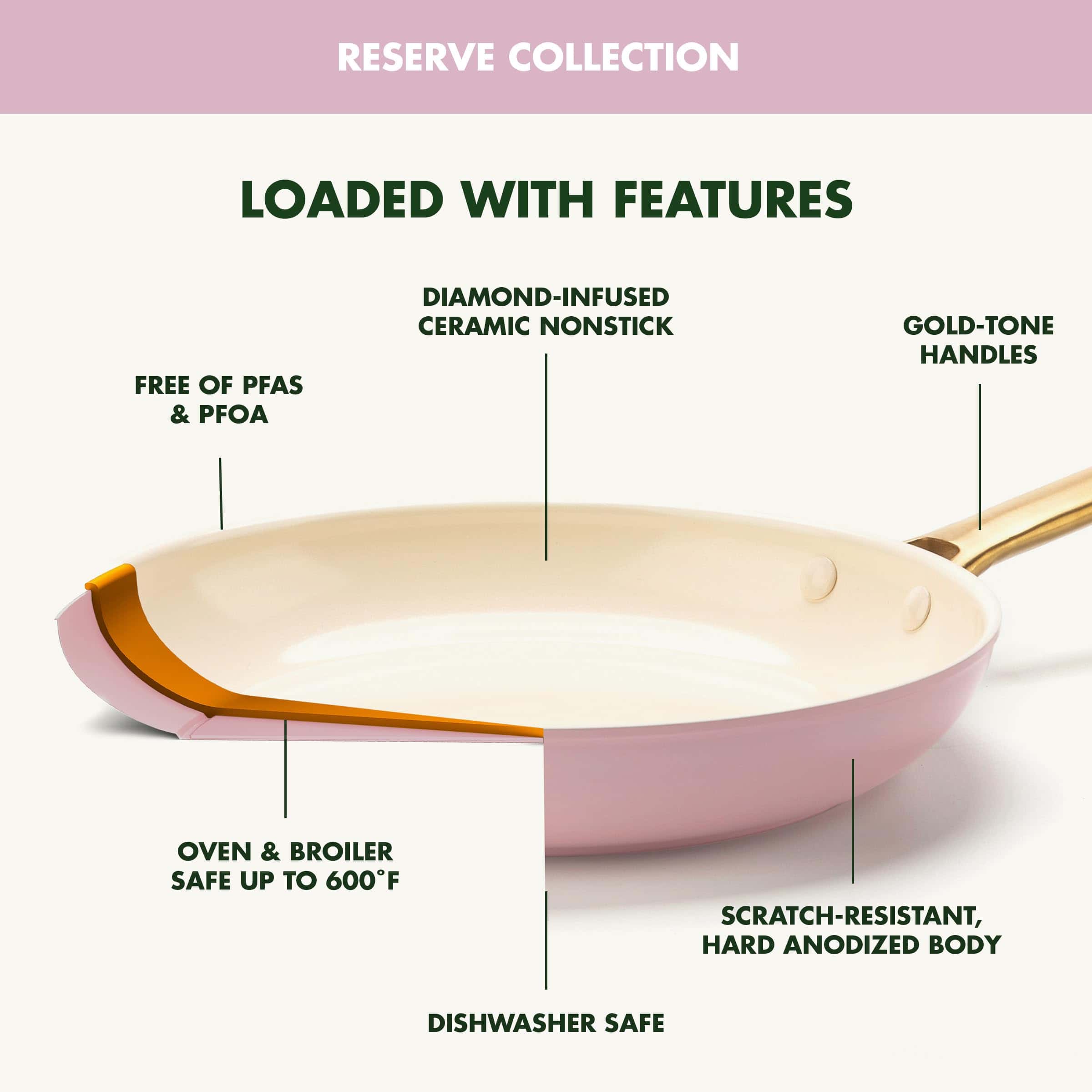 GreenPan Reserve Hard Anodized Healthy Ceramic Nonstick 10 Piece Cookware Pots and Pans Set, Gold Handle, Blush Pink