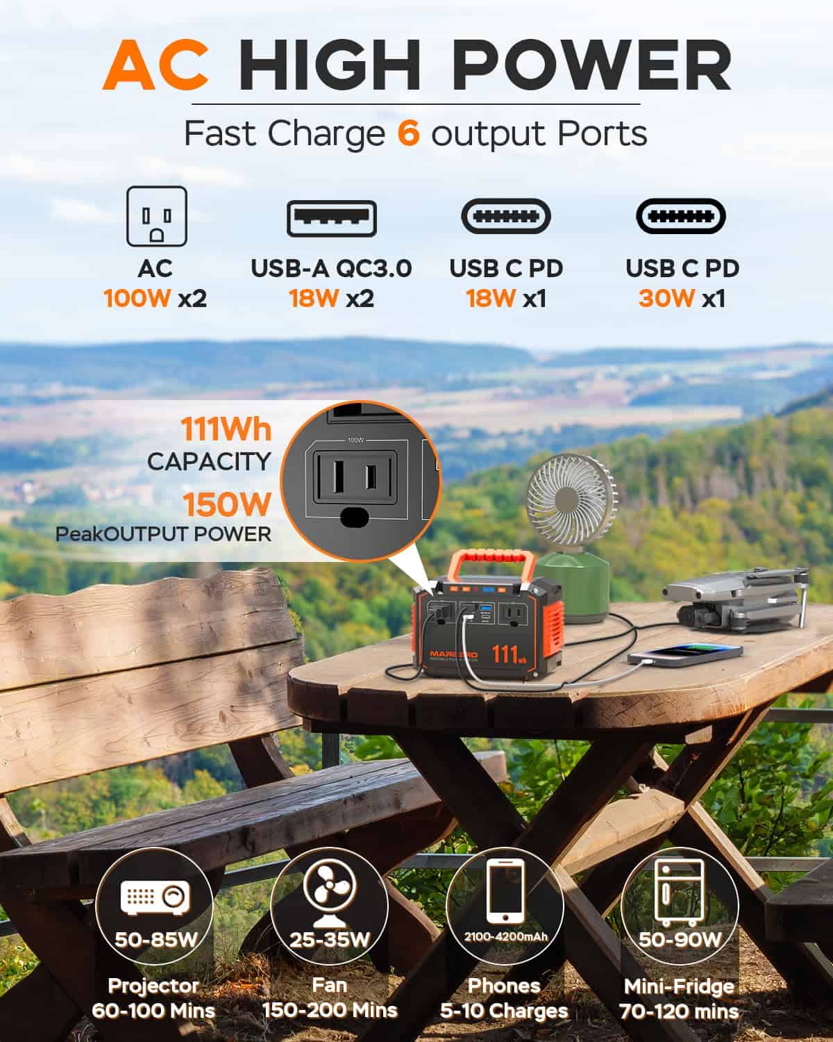 MARBERO 150W Peak Solar Generator with 30W Solar Panel 111Wh Camping Portable Power Station 110V Power Bank