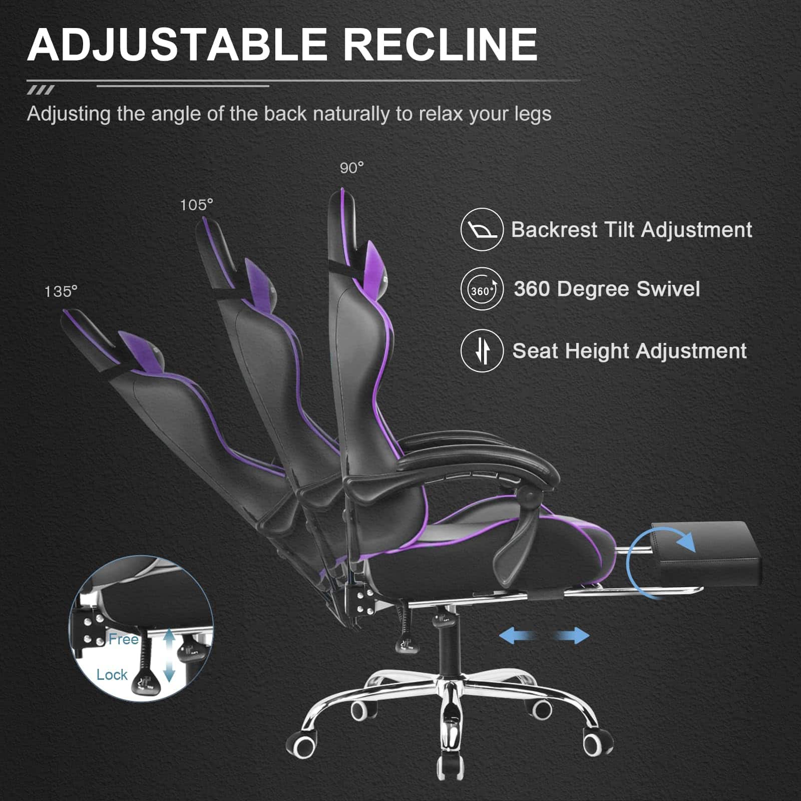 GTPLAYER Gaming Chair, Computer Chair with Footrest and Lumbar Support, Height Adjustable Game Chair with 360°, Purple
