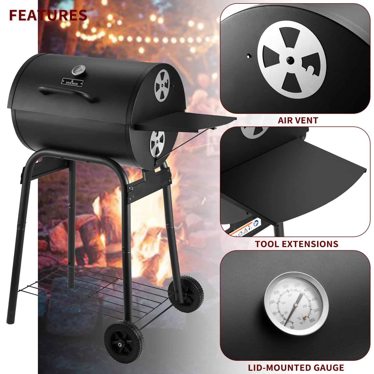 DNKMOR Charcoal Grills Outdoor BBQ Grill, Barrel Charcoal Grill with Side Table, with Nearly 500 Sq.In. Cooking Grid Area, Black