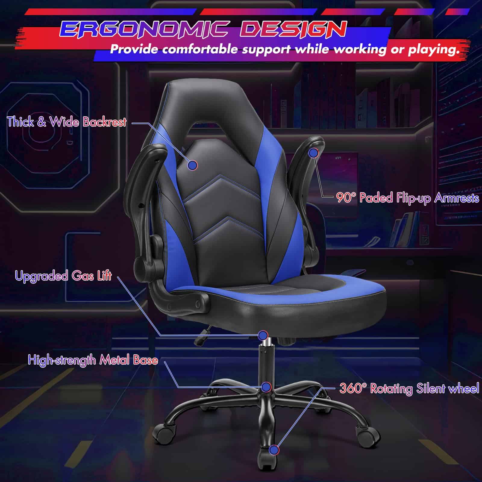 Sweetcrispy Computer Gaming Desk Chair, Ergonomic Office Executive Adjustable Swivel Task PU Leather Racing Chair, Black Blue