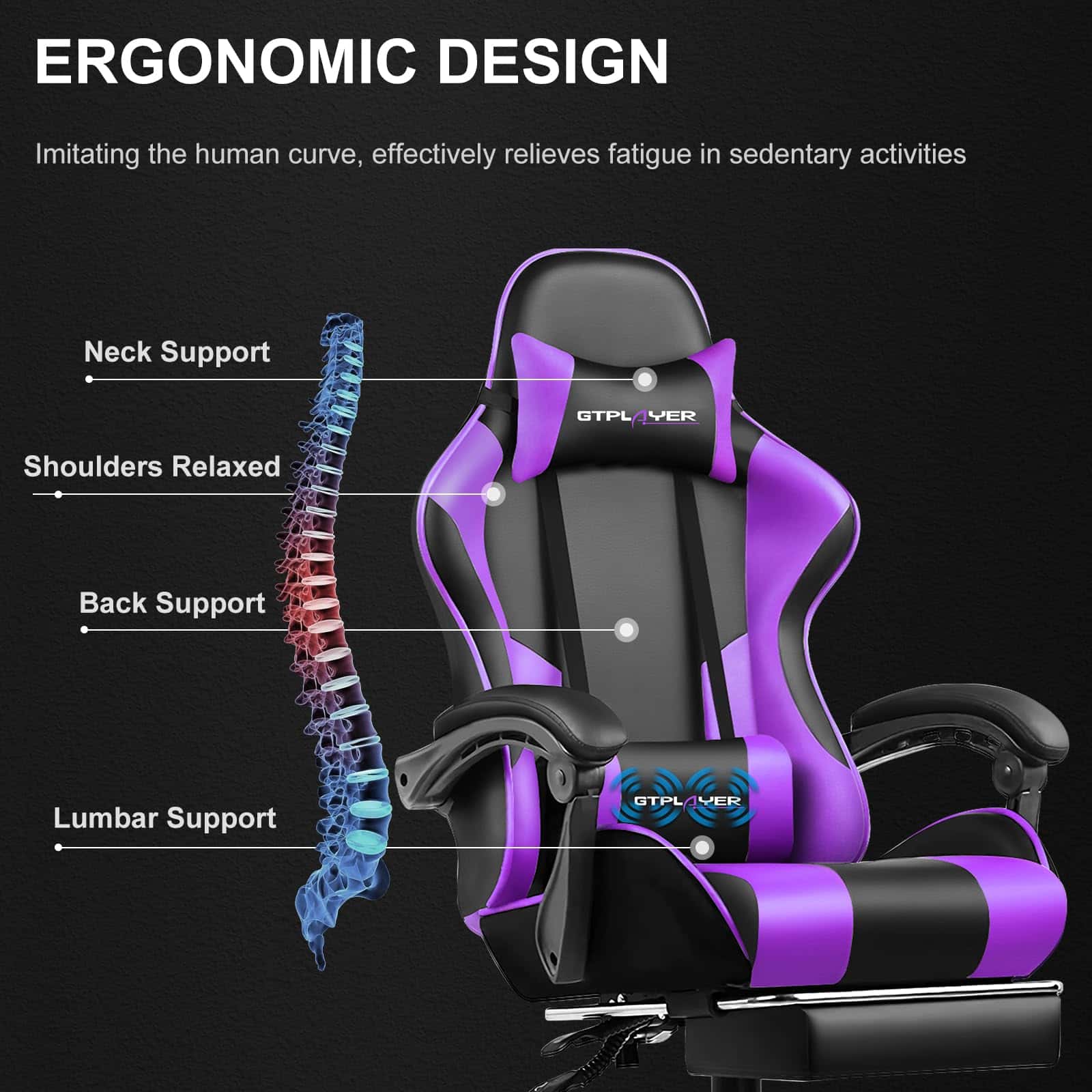 GTPLAYER Gaming Chair, Computer Chair with Footrest and Lumbar Support, Height Adjustable Game Chair with 360°, Purple