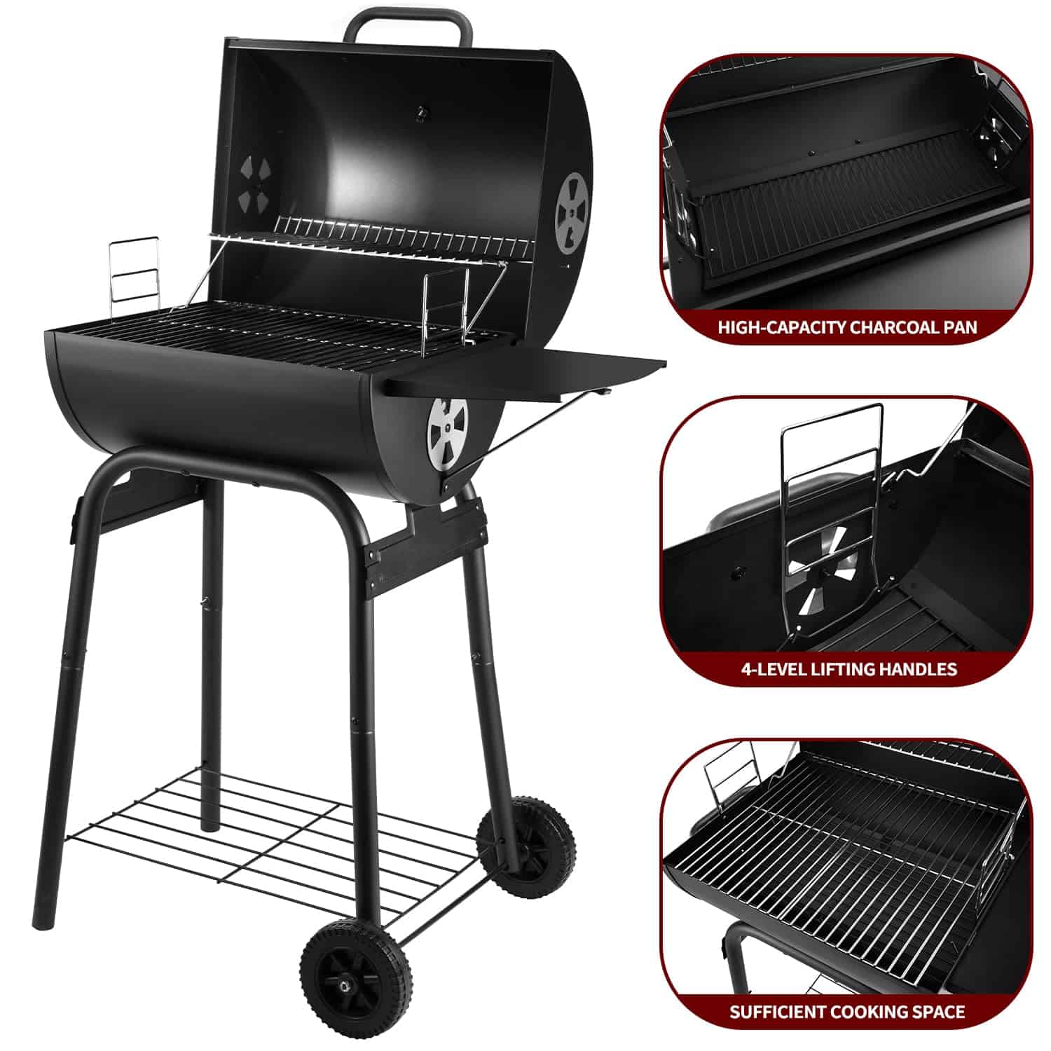 DNKMOR Charcoal Grills Outdoor BBQ Grill, Barrel Charcoal Grill with Side Table, with Nearly 500 Sq.In. Cooking Grid Area, Black